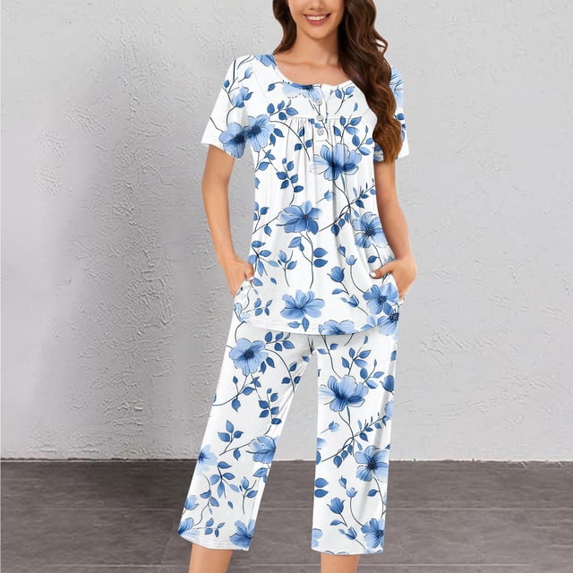 Qiopertar Liquidation à Moins de 5$ Ensemble de Pyjama à Manches Courtes et Col Rond pour Femmes avec Poches Économisez jusqu'à 90 %