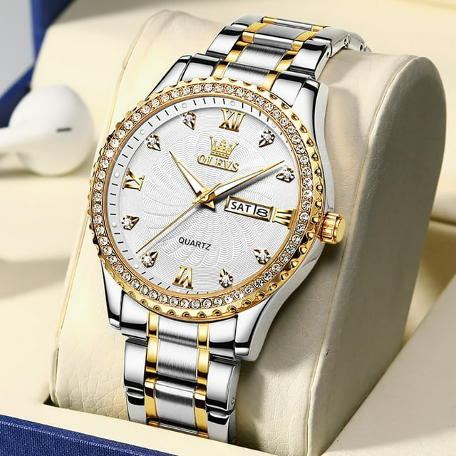 OLEVS Men's Watches Shiny DIamond Threaded Dial Original Quartz Wrist Watch for Man Waterproof Luminous Reloj Date Week Trend