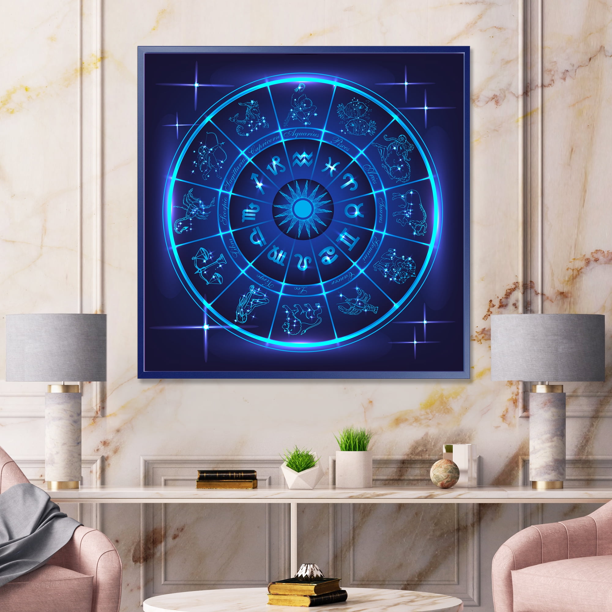 Designart 'Zodiac Signs With Neon Deep Blue Horoscope Circle' Modern Framed Canvas Wall Art Print