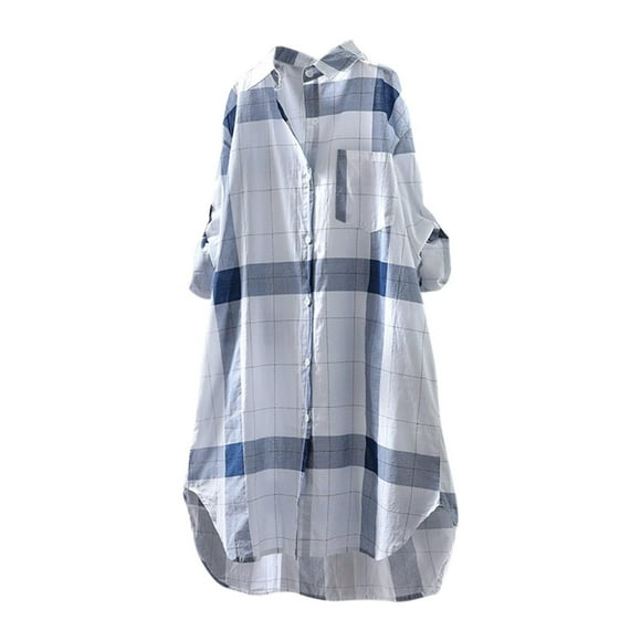 IROINNID On Sale Women's Long Sleeve V-Neck Shirts Cotton Shirts for Women Comfortable Ladies Solid Color Lattice Long Sleeve Cotton Loose Top Shirt Coat,Blue