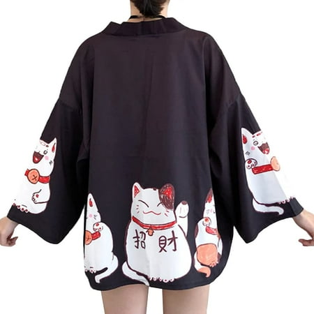 

HAORUN Women Japanese Lucky Cat Pattern Kimono Cardigan Harajuku Coat Yukata Bathrobe Tops Outwear
