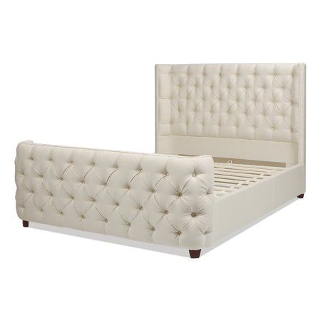 Jennifer Taylor Home Geneva Curved Wing Upholstered Platform Bed Frame  Queen  Light Beige Linen