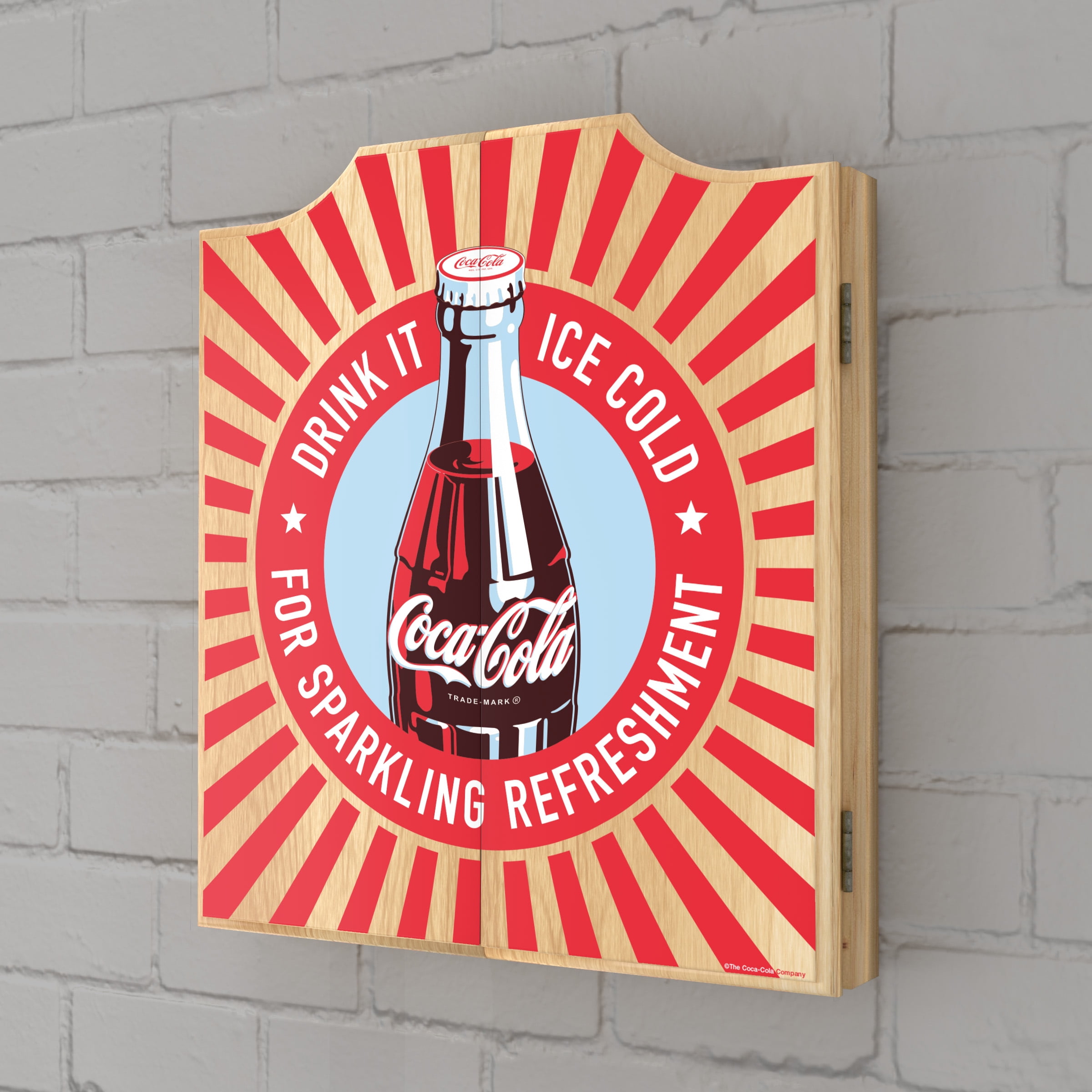 Coca-Cola Drink It Ice Cold for Sparkling Refreshment Bottle Art Dart Board Cabinet Set with 6 Steel Tip Darts