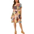 thumbnail image 3 of INSPIRE CHIC Women's Flutter Sleeve V Neck Belted Chiffon Leaf Prints Midi Dress M Pink, 3 of 7