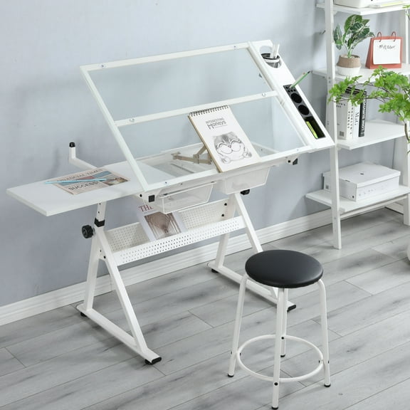 Adjustable Hand Crank Drafting Table Transparent Glass Top Height & Angle Adjustment Metal Drawers Stool. Suitable for Painting, Drawing, and Drafting Needs