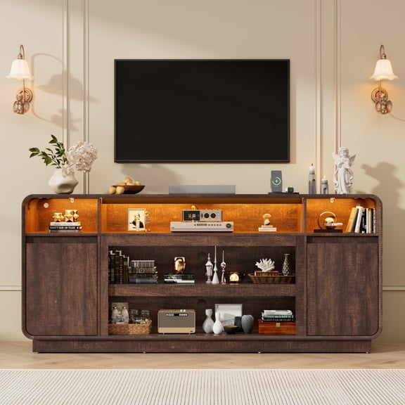 ANPOO 70" Minimalist Modern LED TV Stand for TVs up to 80", Entertainment Center with Power Outlet, Wood Media Console Table with Storage Cabinets