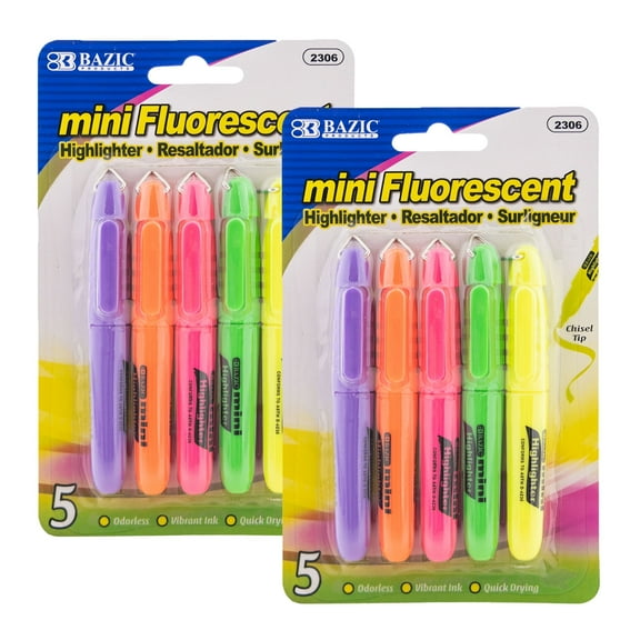 BAZIC Mini Highlighter Value Pack, Chisel Tip, Assorted Colors, 5 Count, 2 Pack