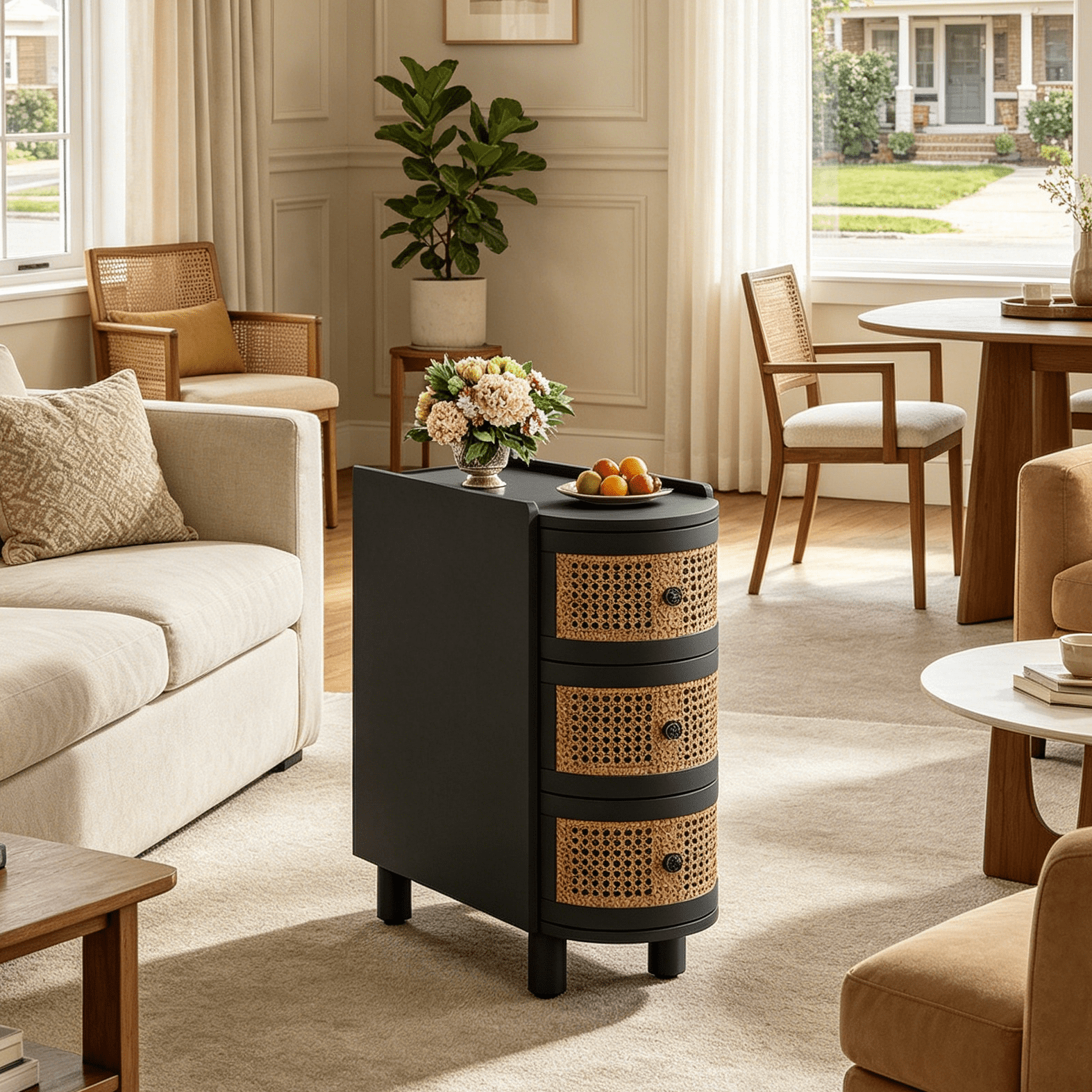 Fnova 26" Solid Wood End Table, Farmhouse Side Table with 3 Rattan Drawers, Slim Sofa Table Nightstand with Vintage Embossed Handles for Living Room, Bedroom, Finished Back, No Assembly