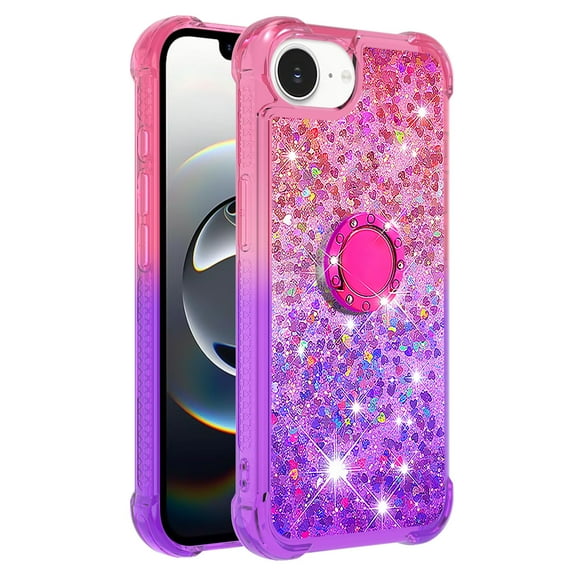 Phone Case for iPhone 16E/SE 2025 Case with Ring Kickstand,Cute Glitter Bling Sparkle Quicksand Flowing Liquid Clear Gel Silicone ShockProof Cover Girls-B2