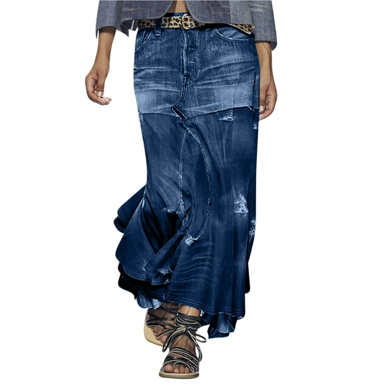 Long Denim Skirt for Women Casual A-Line Denim Maxi Skirt Stretch