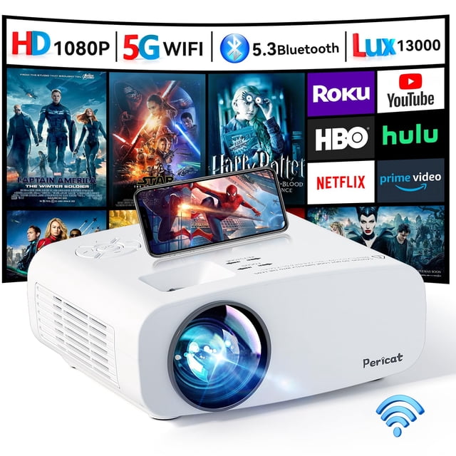 Projector with WiFi and Bluetooth, Pericat 4K Supported Native 1080P Projector, Portable Movie Outdoor Projector for Home Theater