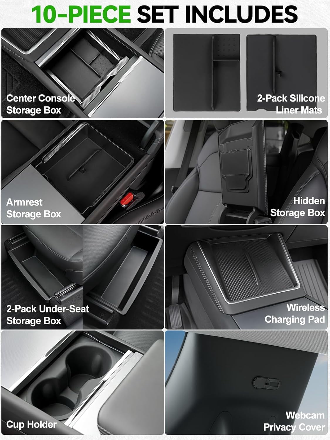 10PCS Center Console Organizer Tray for 2025 2026 Tesla Accessories, Under Seat Storage Armrest Hidden Storage Box Cup Holder Charger Pad for Tesla