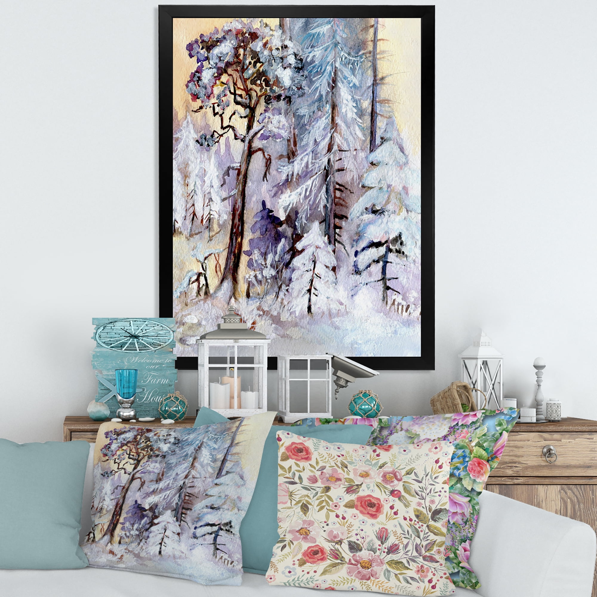 Designart 'The Lake With Winter Snowy Forest' Lake House Framed Art Print