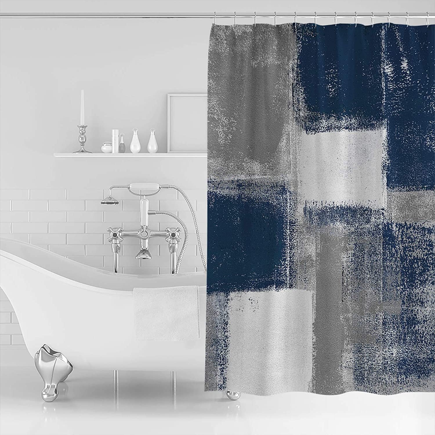 Fabric Shower Curtain for Bathroom, Oil Painting Art Blue Custom Shower Curtain Set with Hooks, Luxury Bathroom Curtains, Abstract Gray Geometric Waterproof Polyester Bathroom Accessories, 72x72inch