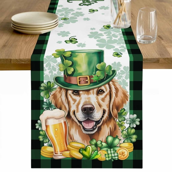 St Patricks Day Table Runner - 90 Inch Long Modern Watercolor Dogs Green Shamrock Cotton and Linen Blended Dress Scarves Farmhouse Table Runner for Kitchen Dining, Coffee Table, 13" x 90"