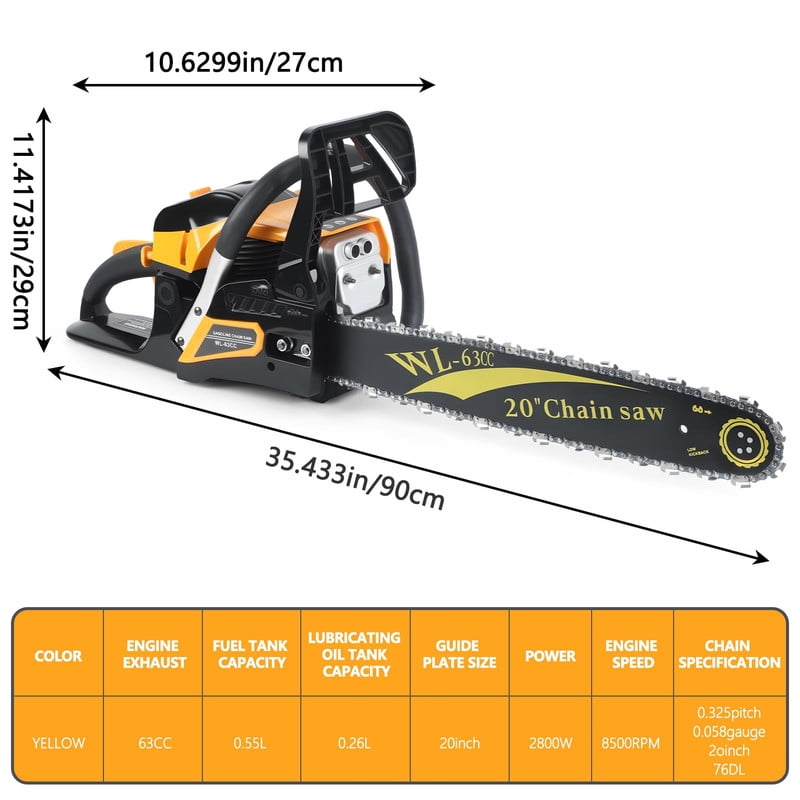 YNCE 63CC Gas Powered Chainsaw 20 Inch, Lightweight Top Handle Handheld Chainsaw with Quenched Chain, Auto Lubrication, Safety Lock & Quick Stop for Tree Wood Cutting