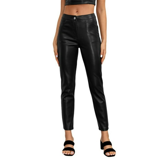 Women's Faux Leather Pants Fashion High Waisted Straight Leg Cropped Ankle Trousers Matte Pleather Pants