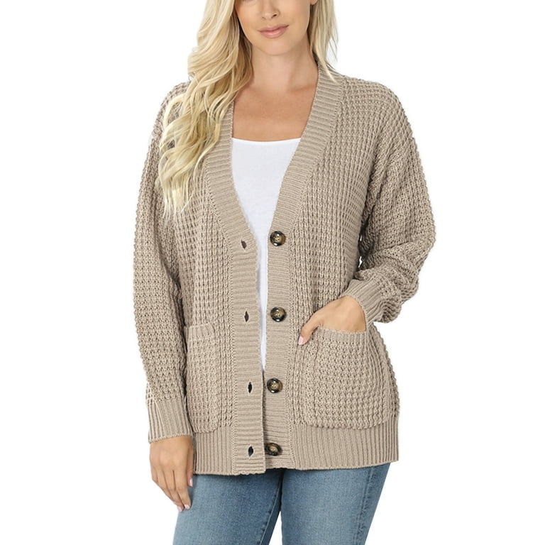 Waffle knit button clearance sweater