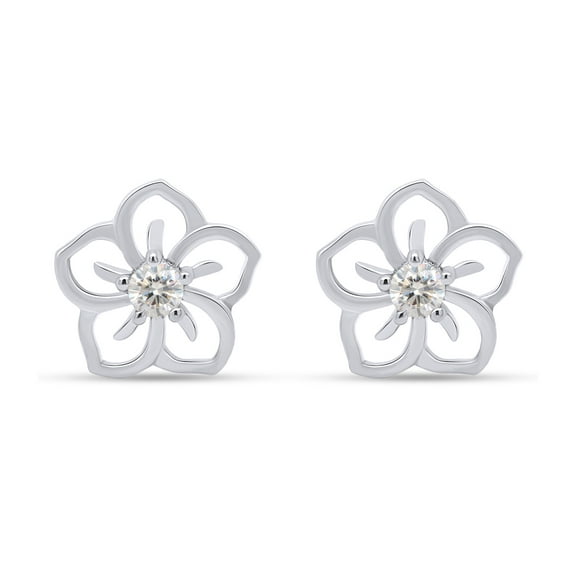 Round Cut Lab Created Moissanite Diamond Flower Stud Earring For Women In 14k White Gold Plated Sterling Silver (G-H Color,VVS1 Clarity,0.10 Cttw)