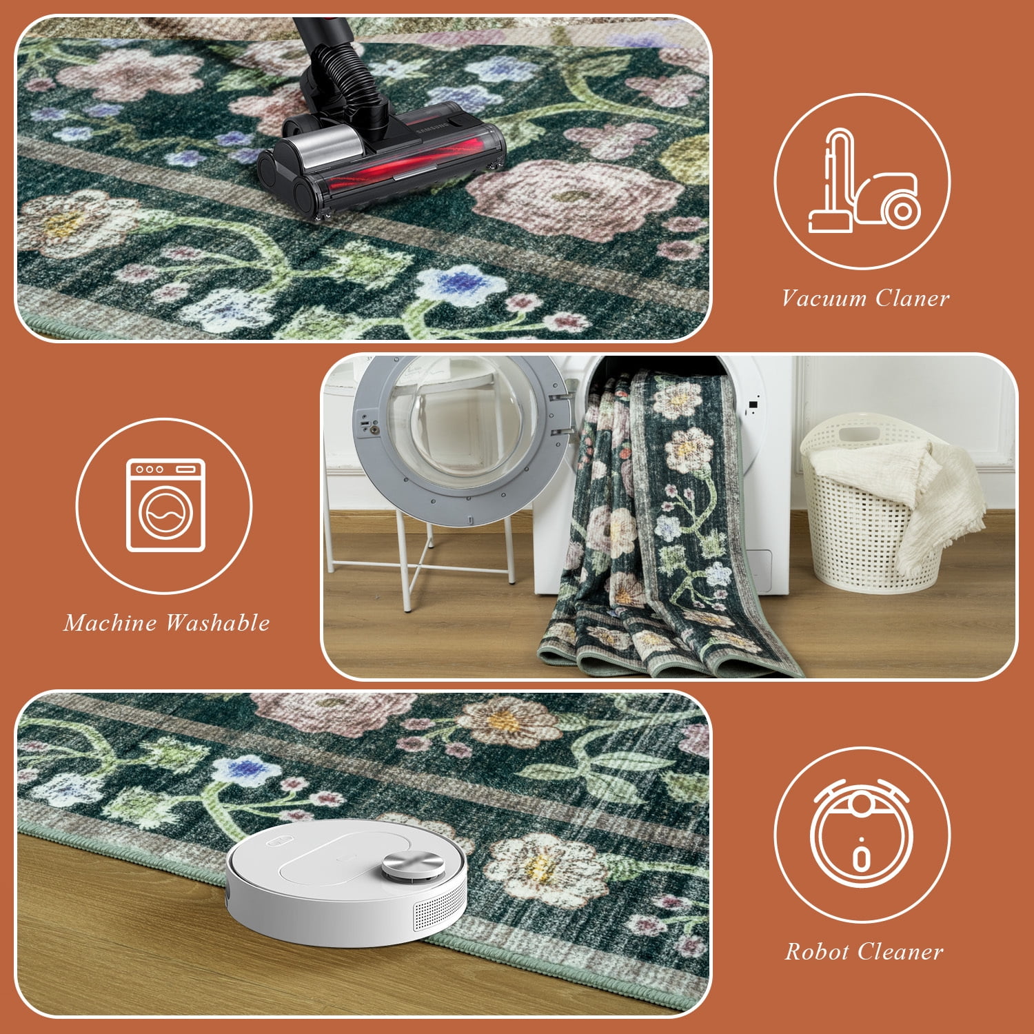 Wondo Washable Area Rug 6x9 - Traditional Floral Living Room Rug Stain Resistant Soft Bedroom Rug, For Under Table Living Room Indoor Rug, Black