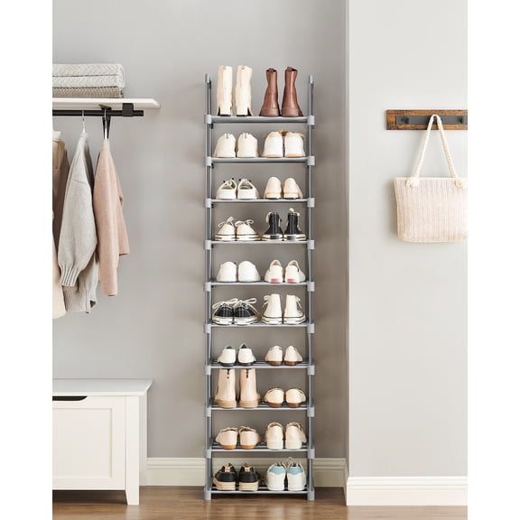 SONGMICS Zapatero de Metal de 10 Niveles, diseño Personalizable, Ahorro de Espacio y Estante versátil, para Sala de Estar, Dormitorio, 17.7 x 11.8 x 68.5 Pulgadas, Gris