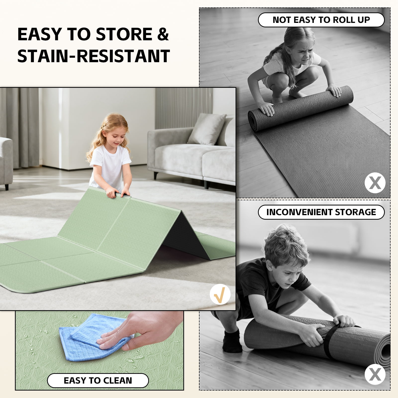 BAIMA Large Yoga Mat Thick Extra Wide and Long , Foldable Portable Travel Square Mats(Green+Black)
