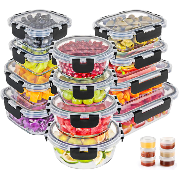 36pcs Glass Food Storage Containers with Lids Set, Airtight Meal Prep Containers (18 Containers & 18 Lids), Black