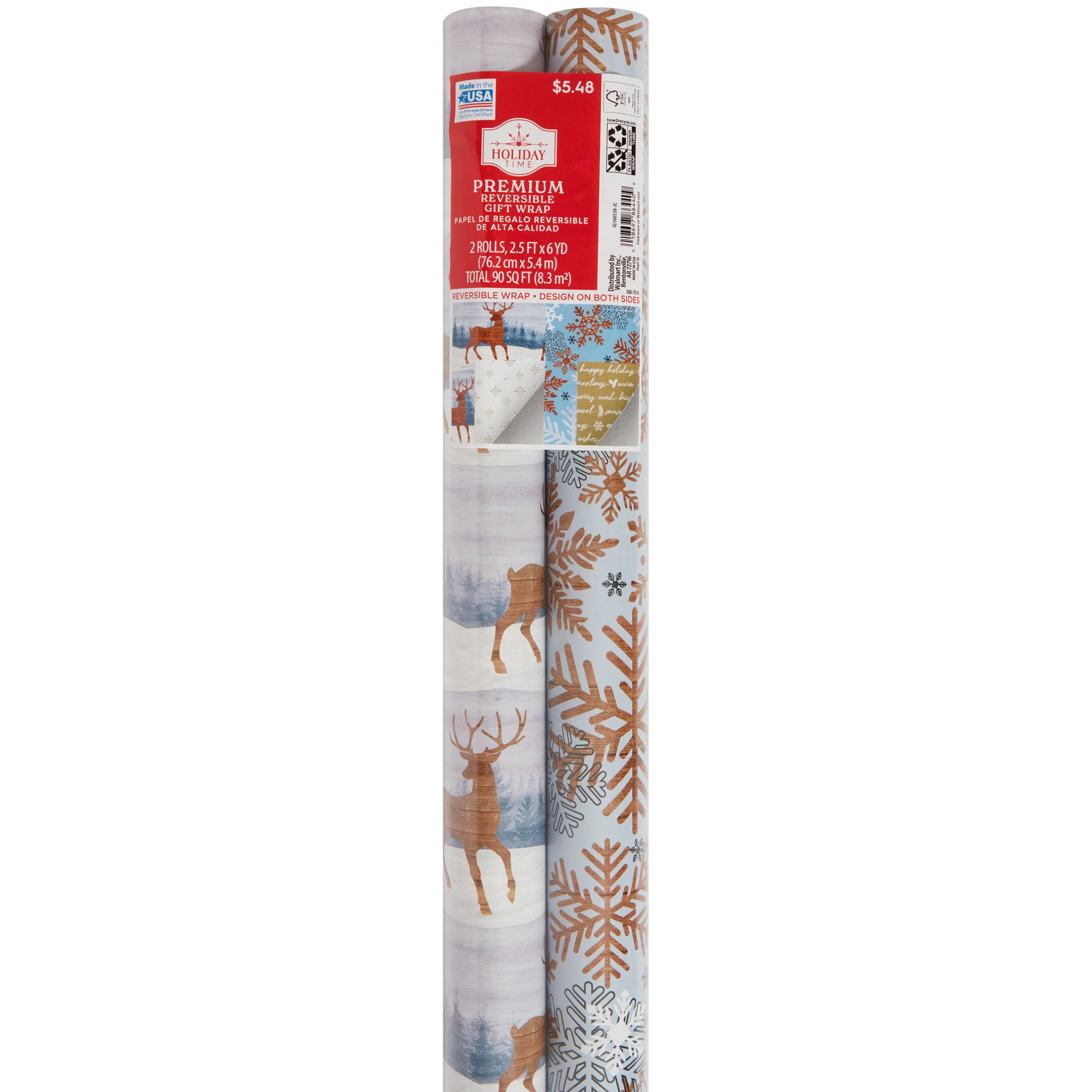 Holiday Time Relaxed Traditional Two-Roll Reversible Gift Wrap, 30" x 90 sq. ft