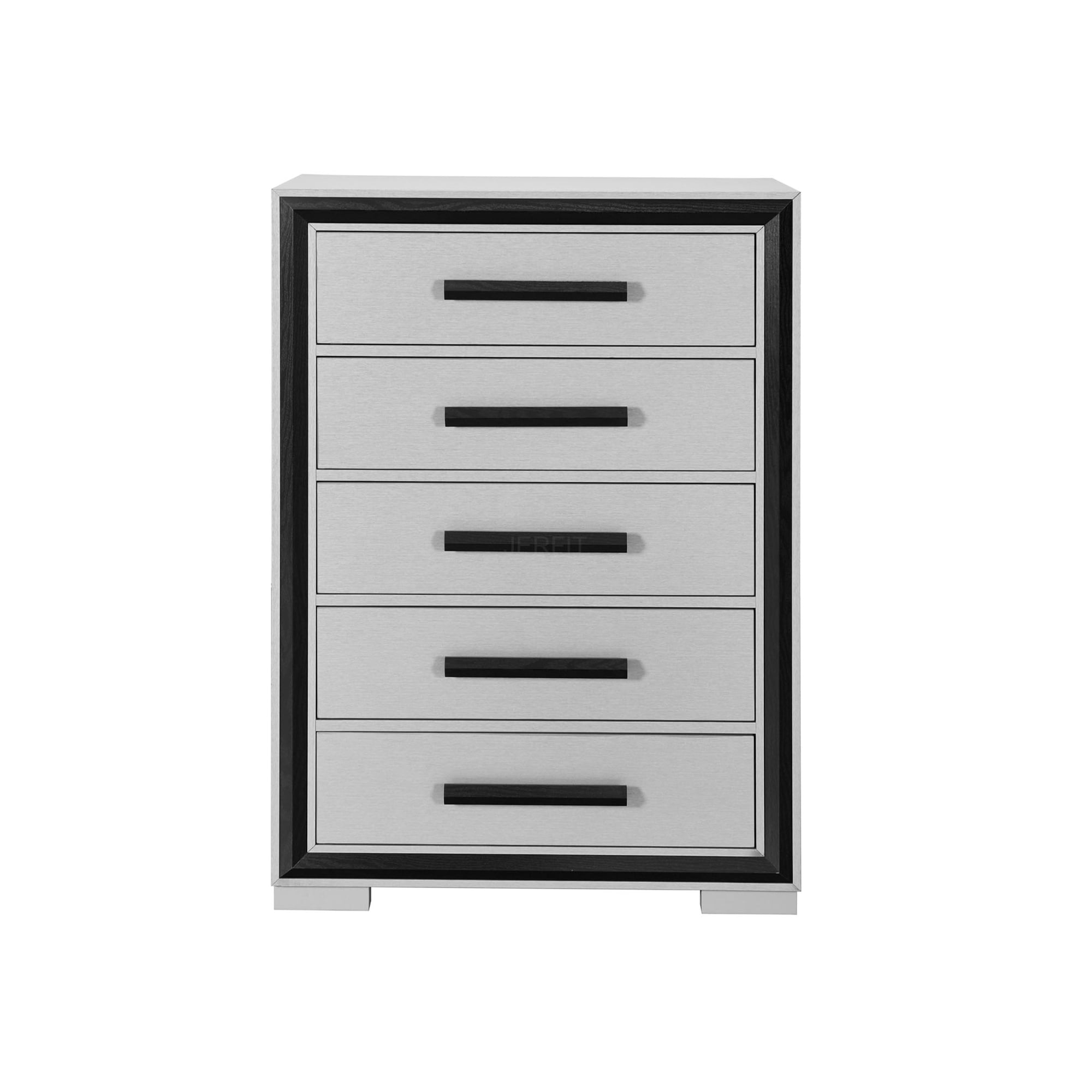 JERFIT 5-Drawer Chest Dresser Black Wood Storage Cabinet for Bedroom Modern Chest of Drawers with Silver Handles