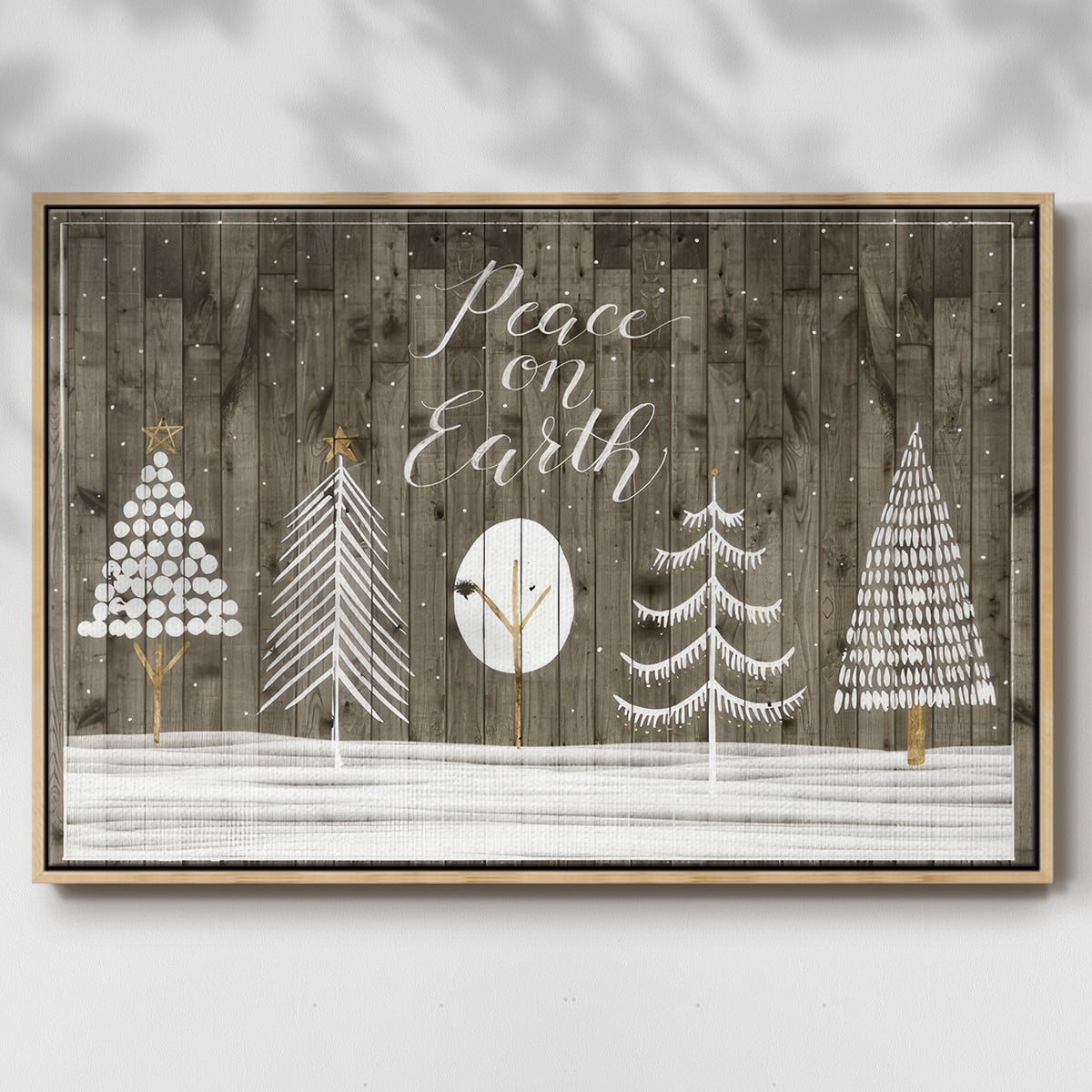 Wooded White Christmas Collection A - Framed Gallery Wrapped Holiday Canvas - 17 x 25 - Natural Wood Frame