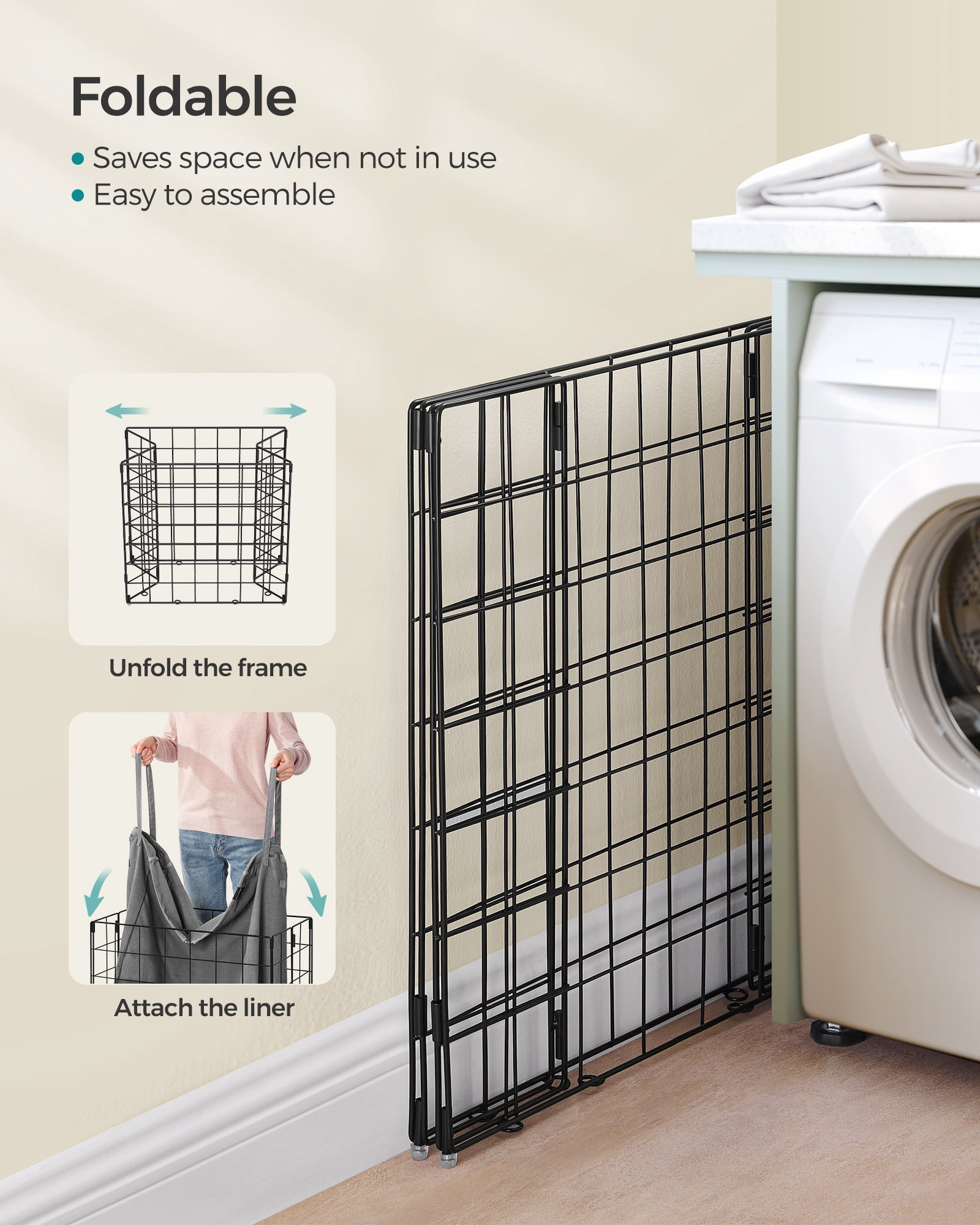 SONGMICS 29 Gal. (110L) Laundry Basket, Laundry Hamper, Collapsible Clothes Hamper, Removable and Washable Liner, Metal Wire Frame, for Bedroom Bathroom, Black and Gray