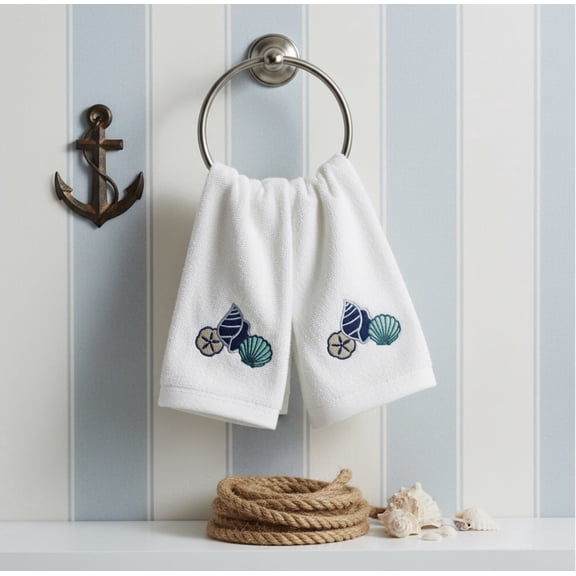 Serafina Home Summer Soft Absorbent Bathroom Coastal Guest Embroidered Fingertip Towels: Summer Shells and Coral Sea Life Design, 2 Piece 12" x 18" Inches