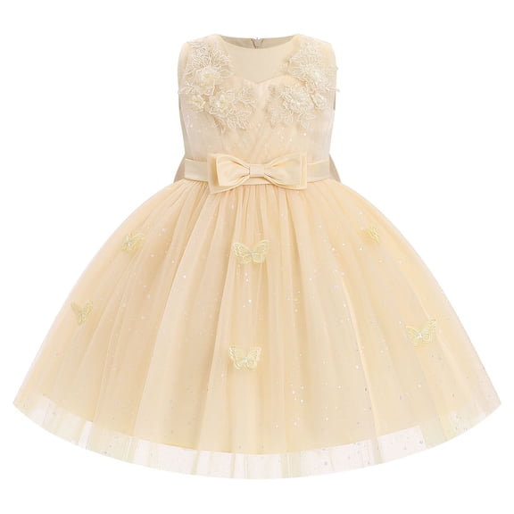 IBTOM CASTLE Toddler Little Flower Girls Princess Tulle Dress Sleeveless Floral Embroidery Tutu 3D Butterfly Back Bowknot For Wedding Birthday Party Evening Formal 2-3T Champagne