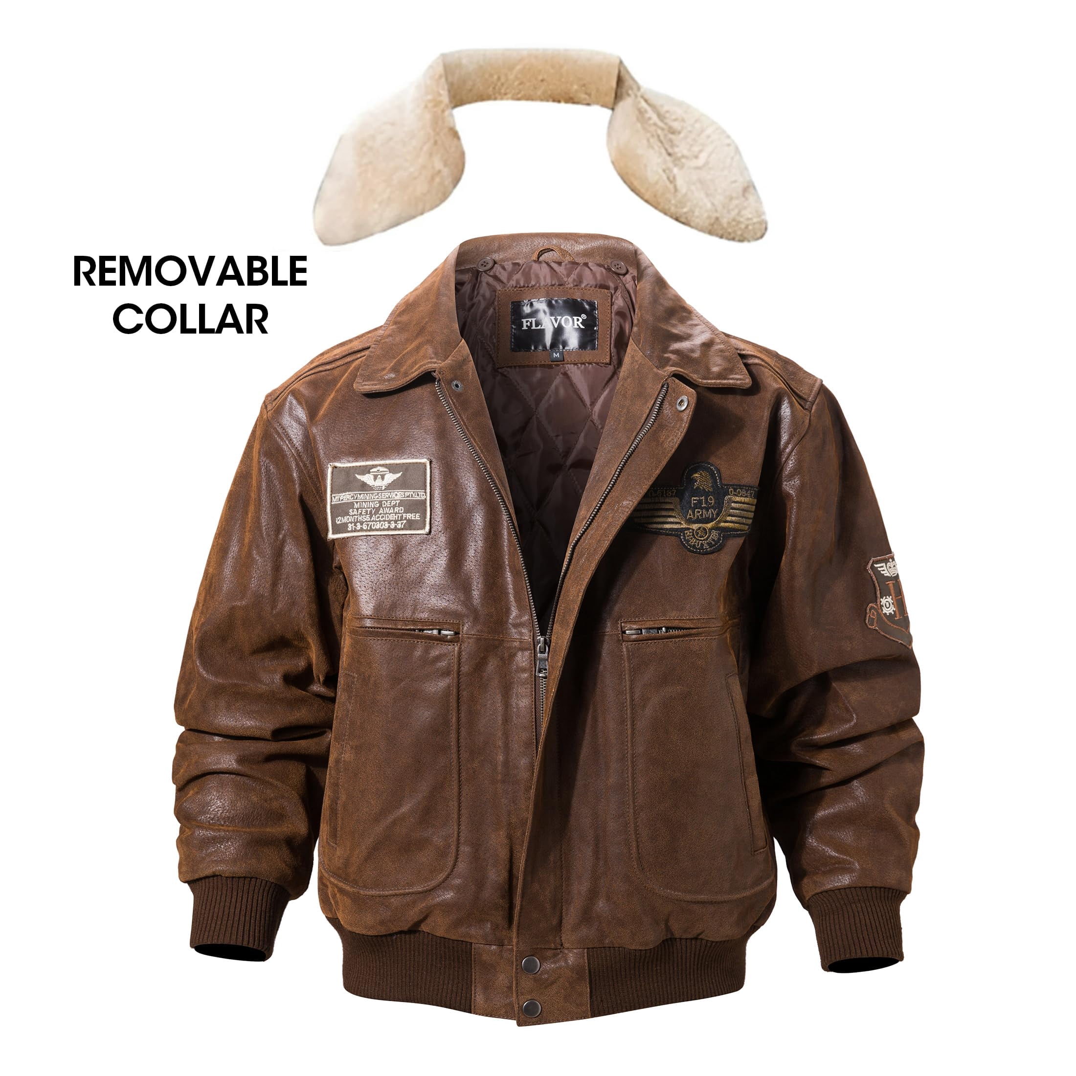 FLAVOR Men's Real Leather Bomber Jacket with Removable Collar Aviator (XL, Brown)