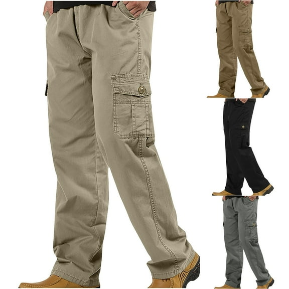 WAENQINLA Big and Tall Work Pants for Men with Multi Pockets Casual Elastic Waist Hiking Travel Cargo Pant Loose Fit Wide Leg Outdoor Trousers Khaki 4XL