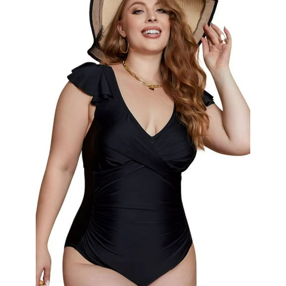 BeautyIn Women's Plus Size Swimwear Solid Color One Piece Swimsuits Sexy Monokini Pectoral Cross Bathing Suits Deep V-neck Swimming Suits