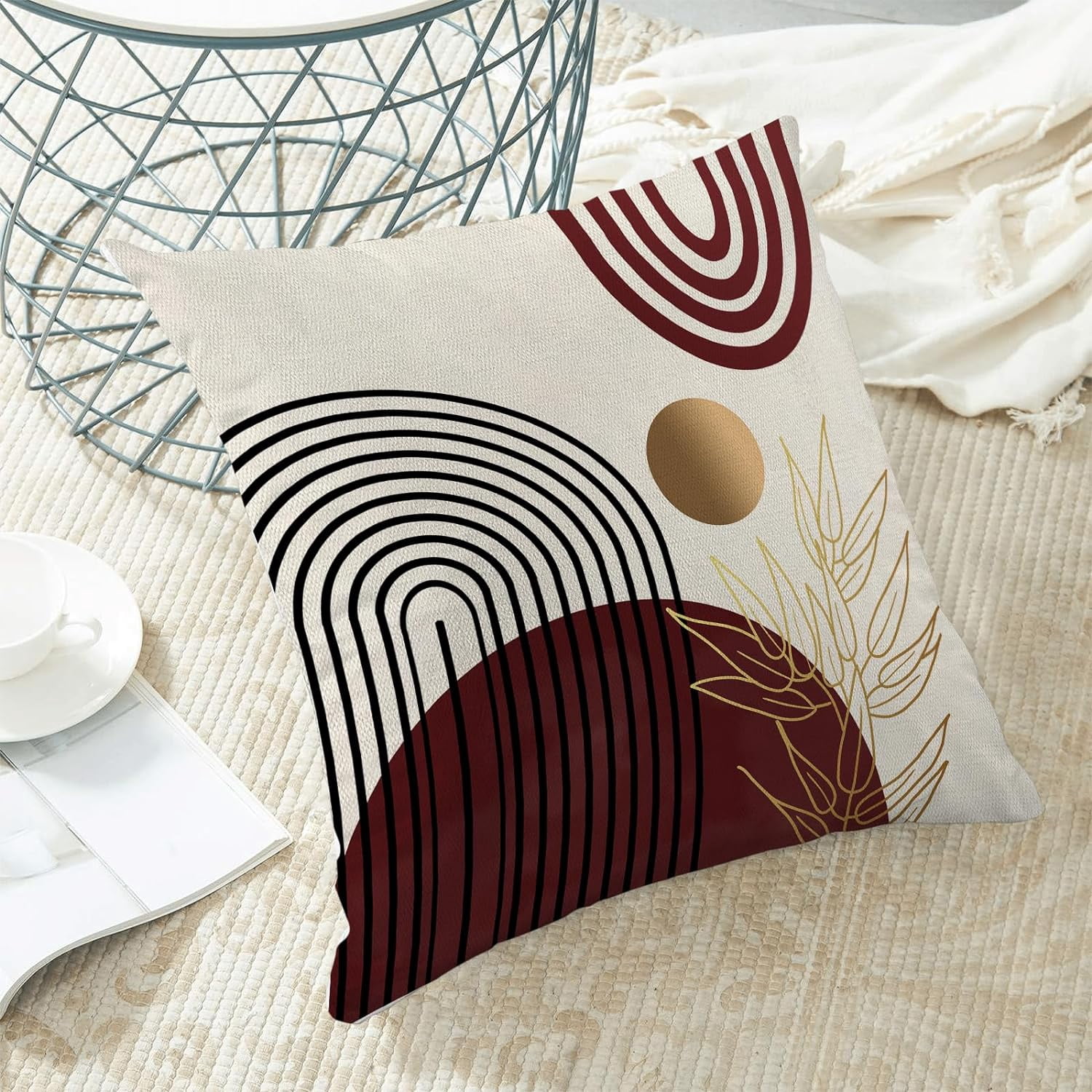 Boho Pillow Covers 18x18 Set of 2, Red Gold Farmhouse Decorations Throw Pillow Covers Boho Leaves Tropical Outdoor Decorative Linen Cushion Case for Couch Sofa Home