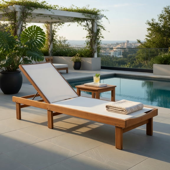 Hommoo Outdoor Teak & White Eucalyptus Wood Chaise Lounge Chair with 5-Position Adjustable Backrest, Breathable Fabric, Heavy-Duty Steel Frame, Poolside & Garden Use, White