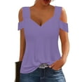 thumbnail image 5 of TKLPEHG Summer Tops for Women V-Neck Cold Shoulder Top Short Sleeve T Shirt Loose Lightweight Casual Comfy Fashion Solid Color Blouses (Purple,XL), 5 of 7