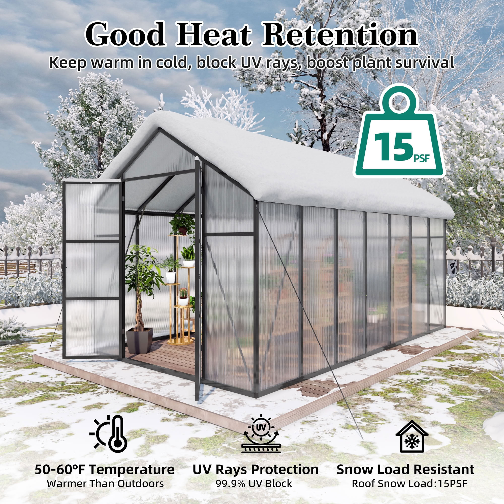 MAYEERTY 8x14 FT Walk-in Greenhouse with Raised Base & Anchors, All-Season Windproof Greenhouse with Drainage System for Backyard, Garden & Patio