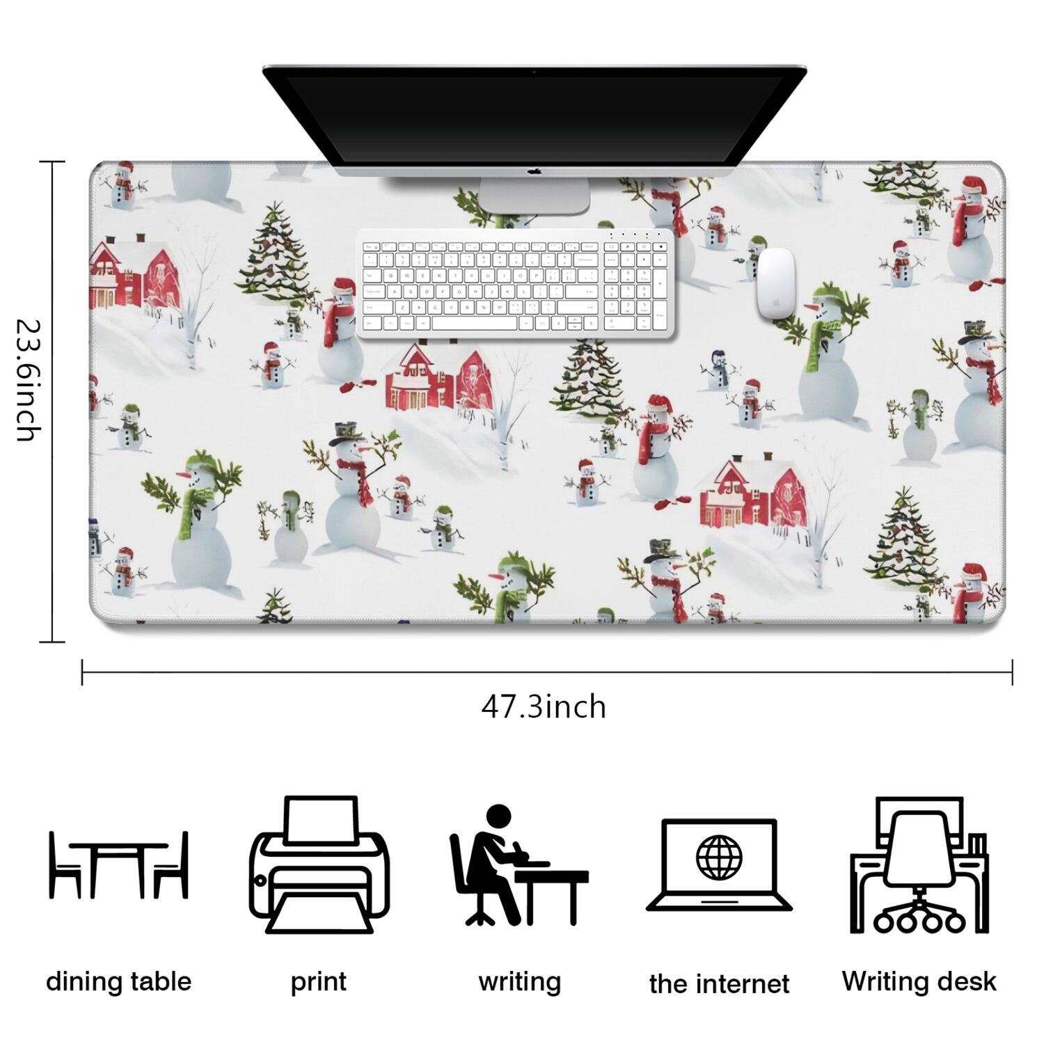 Long Mouse Pads for Desk,White Christmas Snowman Pattern Desk Mats on Top Of Desks, Desk Mouse Pad Extra Large with 3mm Non-Slip Base and Stitched Edge for Gaming,Office,Work,Home 47.3x23.6in