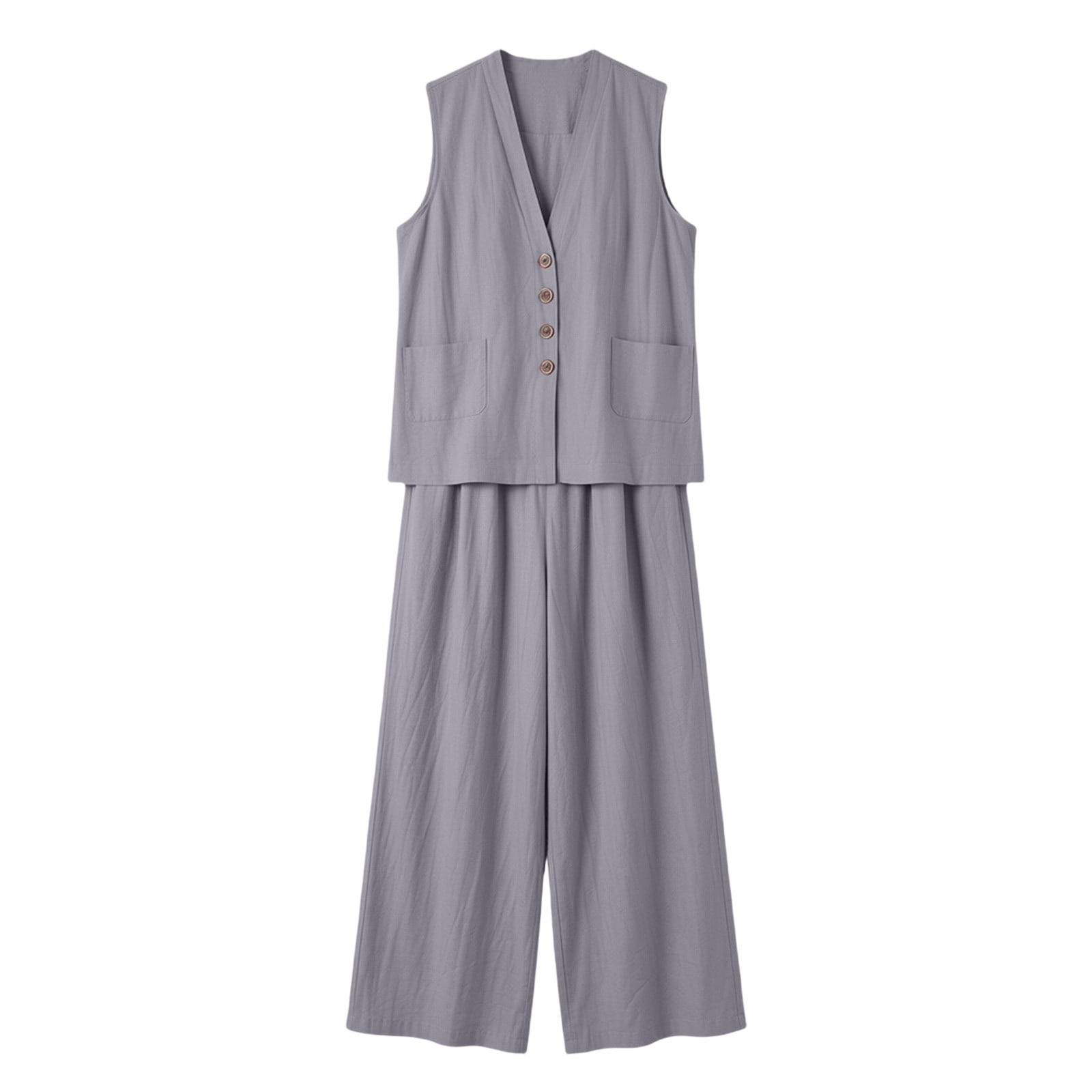 Women's Summer 2 Piece Lounge Set Dressy Sleeveless Button Down V Neck Top & Wide Leg Pants Office Travel Outfits