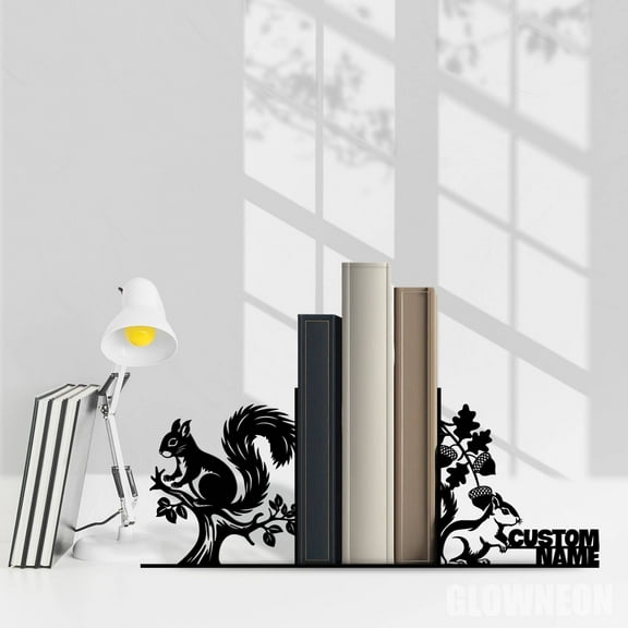 Glowneon Custom Squirrel Metal Table Bookends, Modern Book Nook Sign