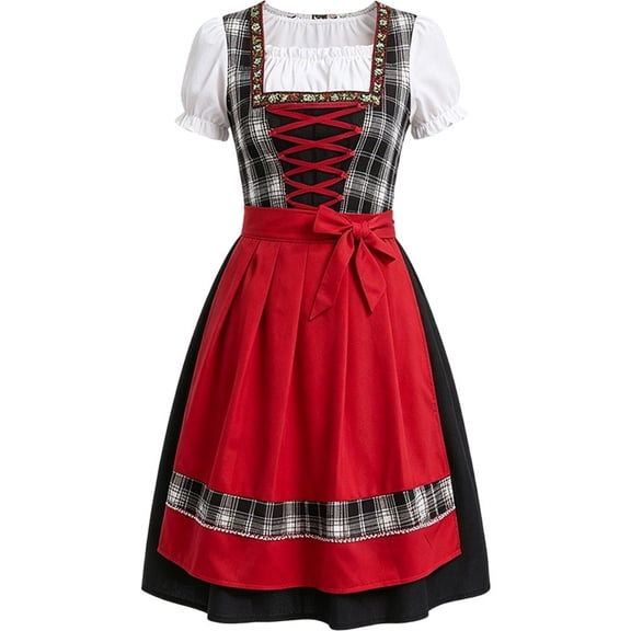 Byfri Women German Dirndl Dress Plaid Oktoberfest Set Black Red Size XL
