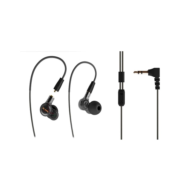 audífonos de monitoreo duoshadow Audífonos in-ear ICON de alta resolución con carcasa sellada en láser y rango dinámico dual con sistema neumático; auriculares transparentes mostrados desde frente y lateral con cable desmontable de 1.3 m y conector 3.5 mm chapado en oro, control en línea y almohadillas de silicón montadas; suelen usarse para monitoreo en estudio.