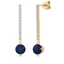 Gem Stone King 14K Yellow Gold Blue Sapphire and Lab Grown Diamond Long Liner Dangle Earrings for Women | 2.56 Cttw | Gemstone September Birthstone | Round 6MM