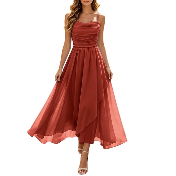 NordicNest Women's Spaghetti Strap Tulle Midi Dress Cowl Neck Ruched Bodice with Asymmetrical Flowy Skirt Elegant Party Wedding Guest Gown Orange,L
