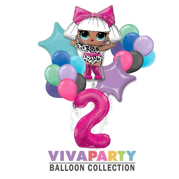 LOL Round Balloon Bouquet 18 pc, 2nd Birthday, Hot Pink Number 2 Jumbo Balloon | Viva Party Balloon Collection