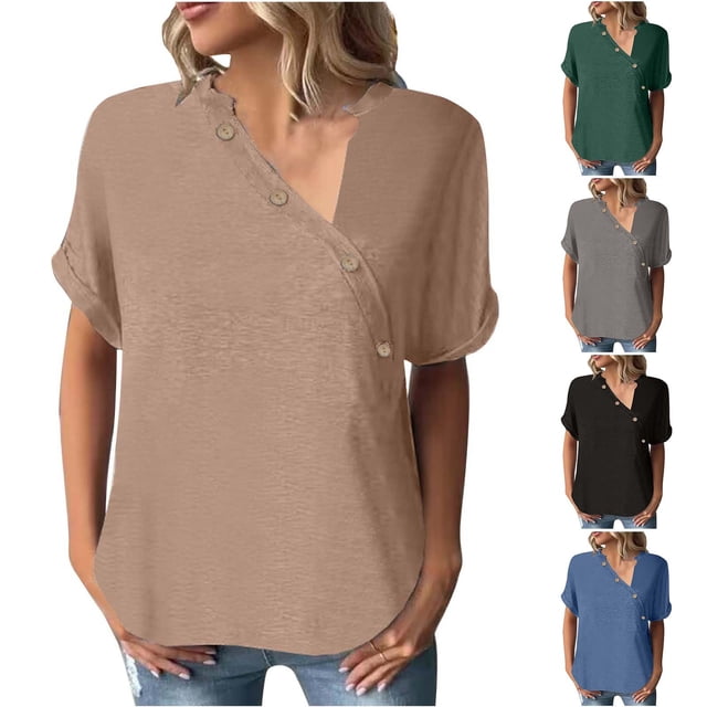 Yuyuzo Hauts pour Femmes T-Shirts à Manches Courtes Haut à Encolure en V Asymétrique Haut Uni Haut d'Été