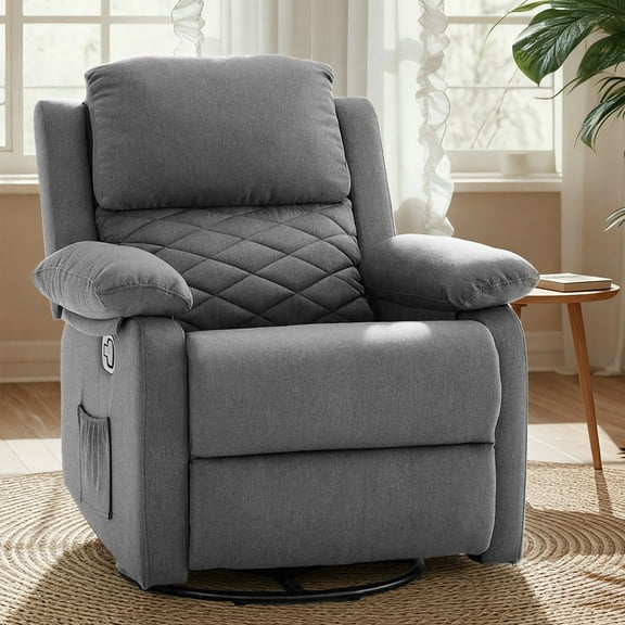 Gelloan 360° Swivel Recliner Chair, Small Rocker Chair for Small Spaces, Upholstered Fabric Glider Recliner Nursery Chair with Side Pockets,Gray